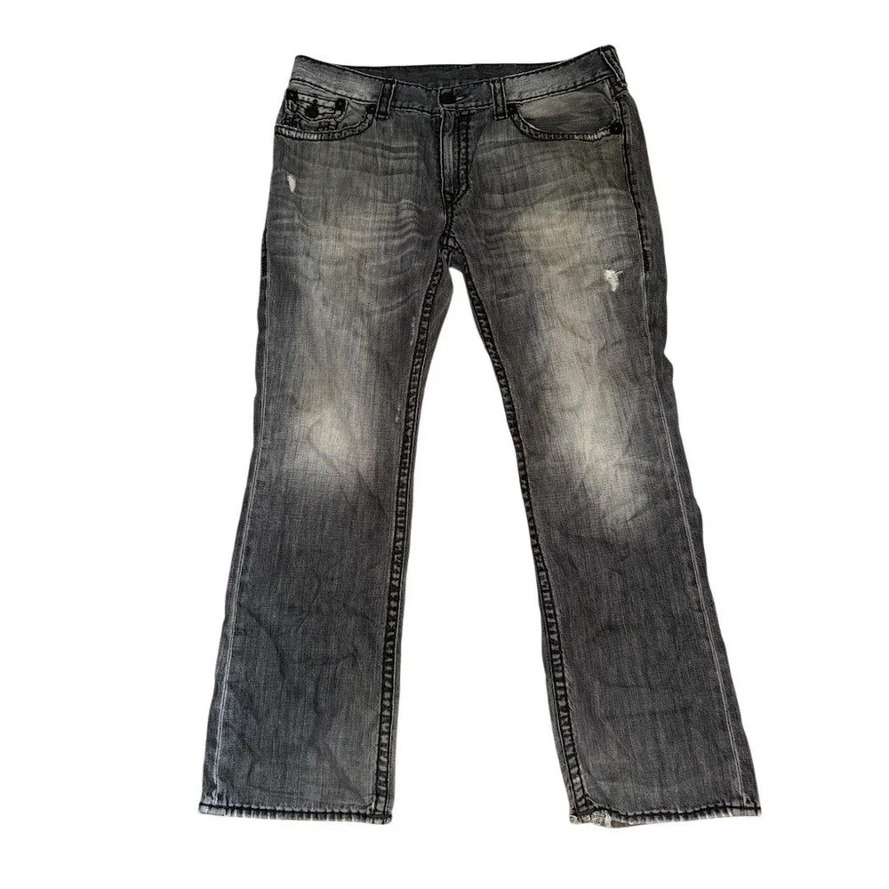 True Religion World Tour Jeans Mens 40x32 Gray Straight Flap Pocket Y2K Ricky